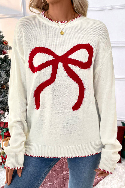White Christmas Bow Contrast Trim Loose Knit Sweater