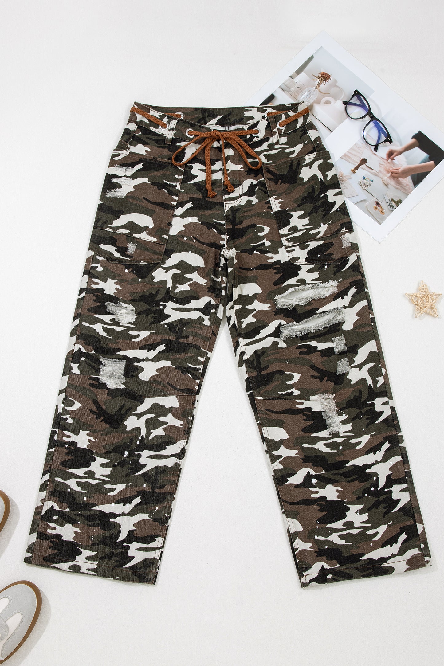 Green Camouflage Distressed Loose Fit Denim Pants