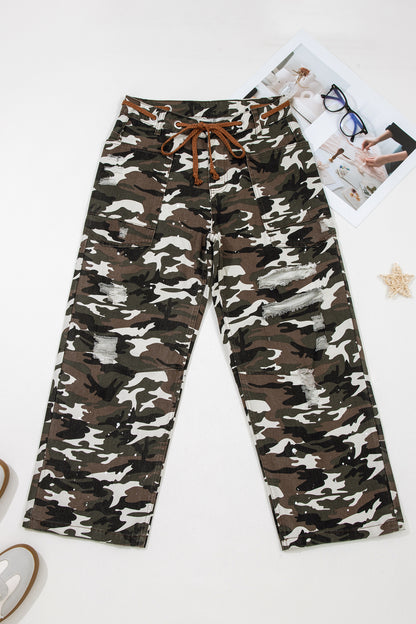 Green Camouflage Distressed Loose Fit Denim Pants