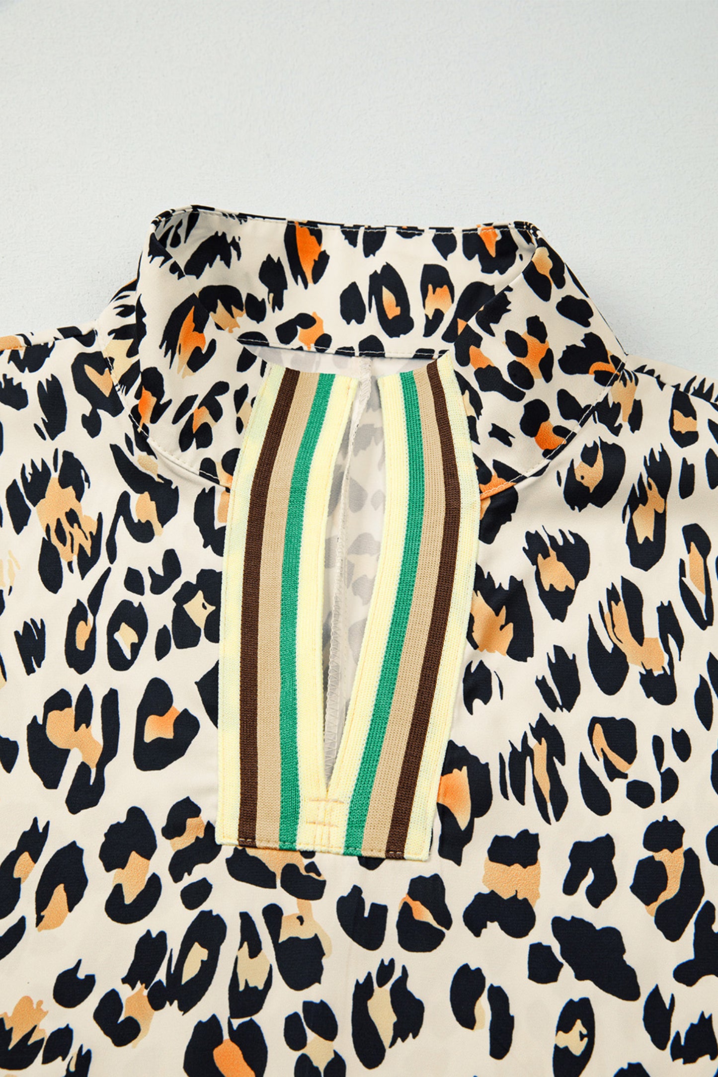 Khaki Leopard Color Block Stripe V Neck Loose Blouse