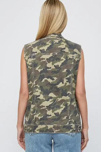 Camo Cargo Button Down Denim Vest with Utility Pockets