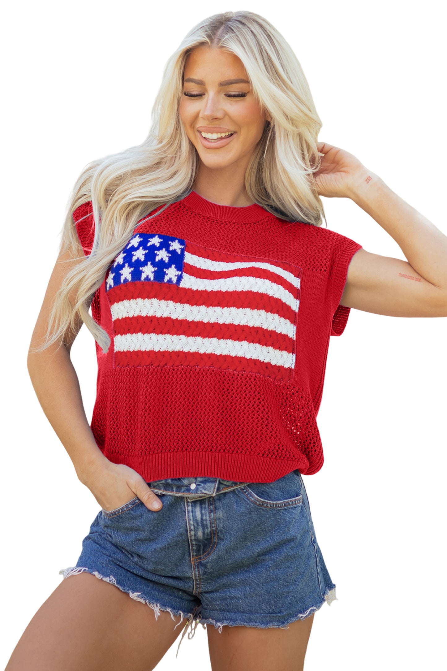 Blue American Flag Knit Short Sleeve Sweater Top