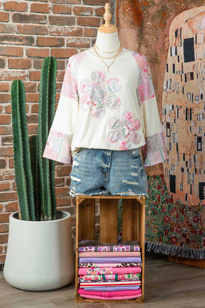 Boho Patchwork Floral Graphic Long Sleeve Top Women