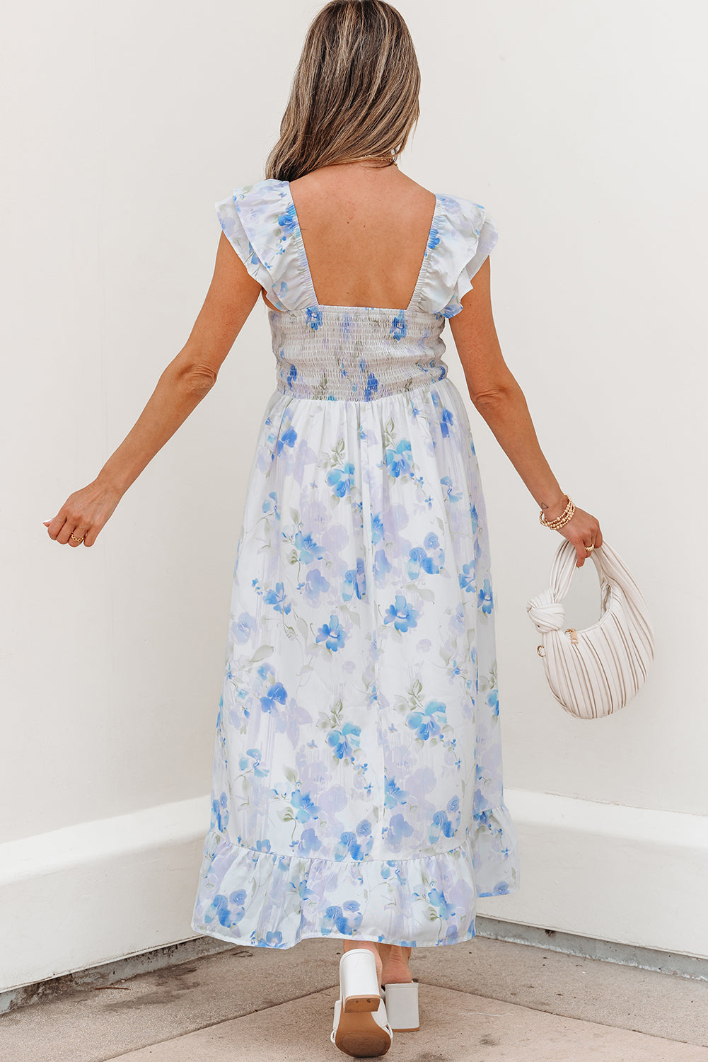 Easter Blue Floral Smocked Maxi Dress