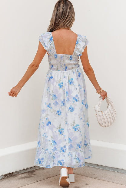 Easter Blue Floral Smocked Maxi Dress