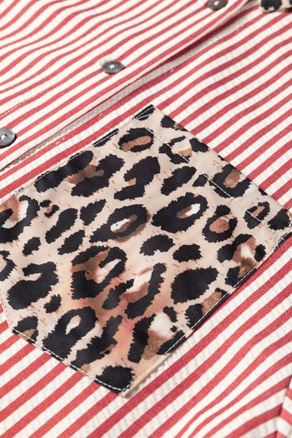 Black Striped Leopard Print Patchwork Button Up Womens Shirt