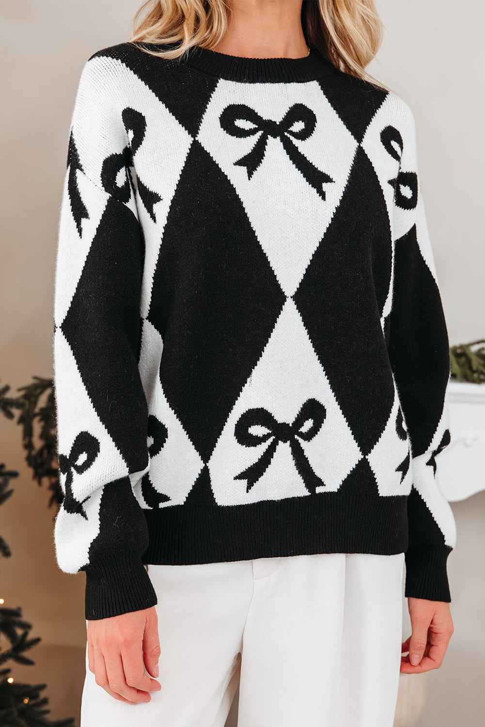 Valentine Black Bow Argyle Oversized Knit Sweater