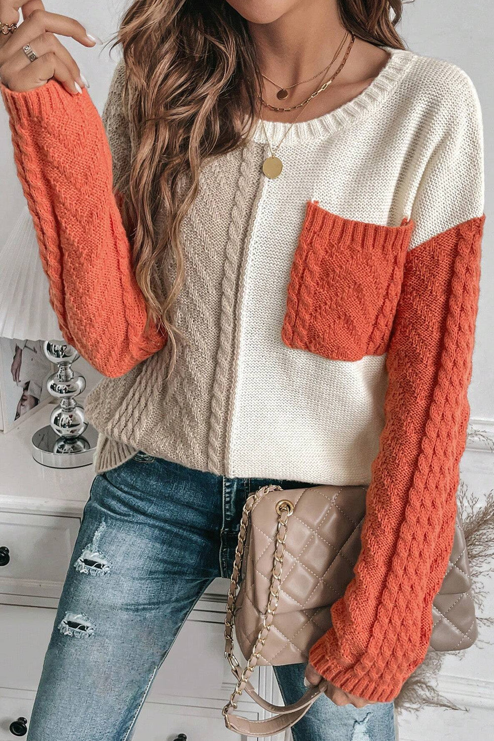 Gold Flame Colorblock Cable Knit Sweater Drop Shoulder