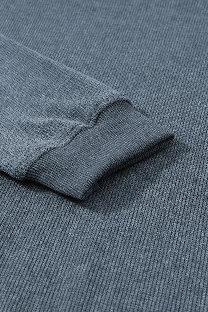 Customizable Solid Ribbed Knit Round Neck Casual PulloverSweatshirt