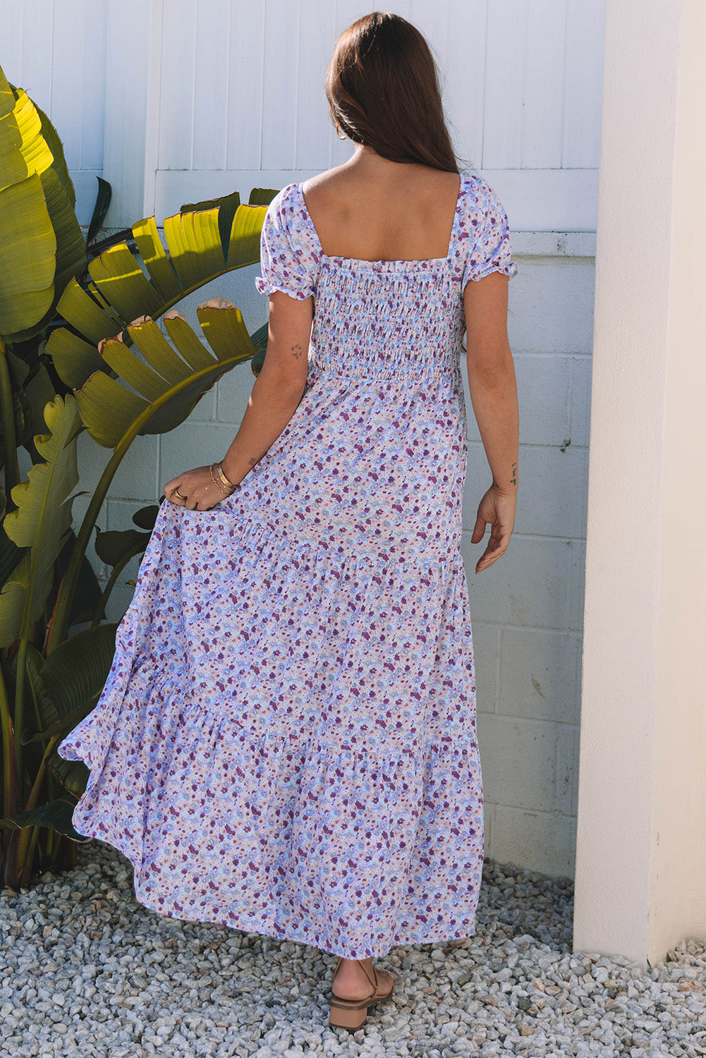 Purple Floral Off Shoulder Smocked Maxi Dress