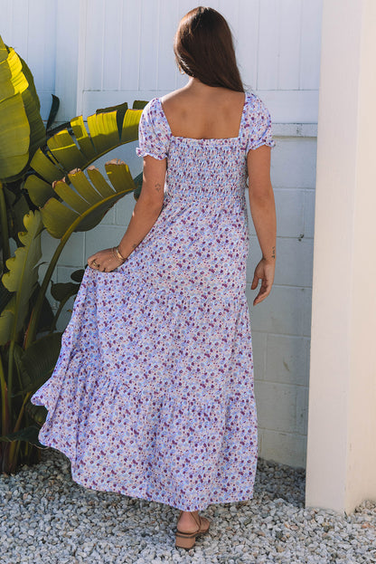 Purple Floral Off Shoulder Smocked Maxi Dress