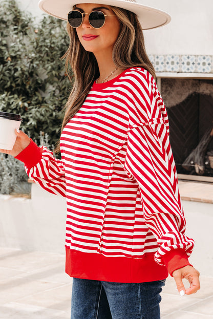 Red Stripe Oversized Pullover Exposed Seam Long Sleeve Top
