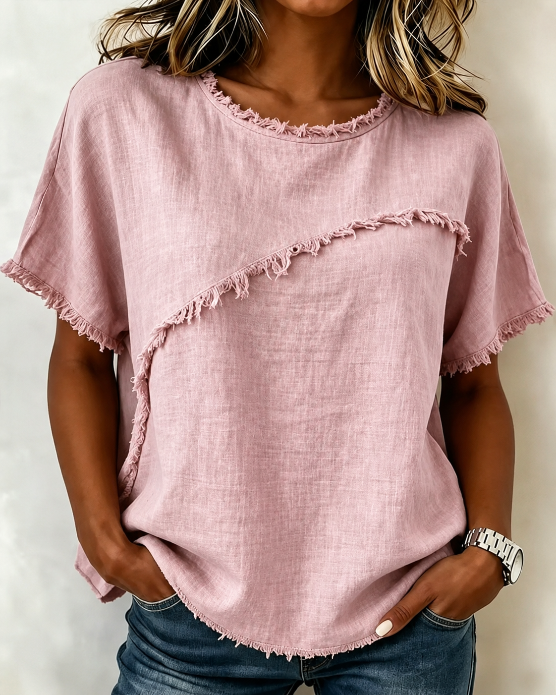 Frayed Trim Linen Blend Short Sleeve Relaxed Top
