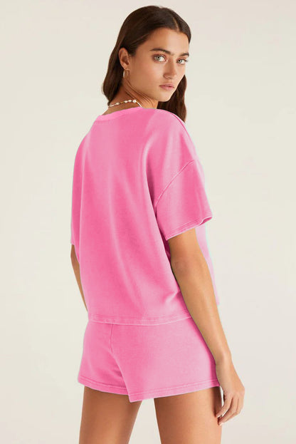 Pink V Neck Lounge Set Drawstring Shorts 2 Piece Set