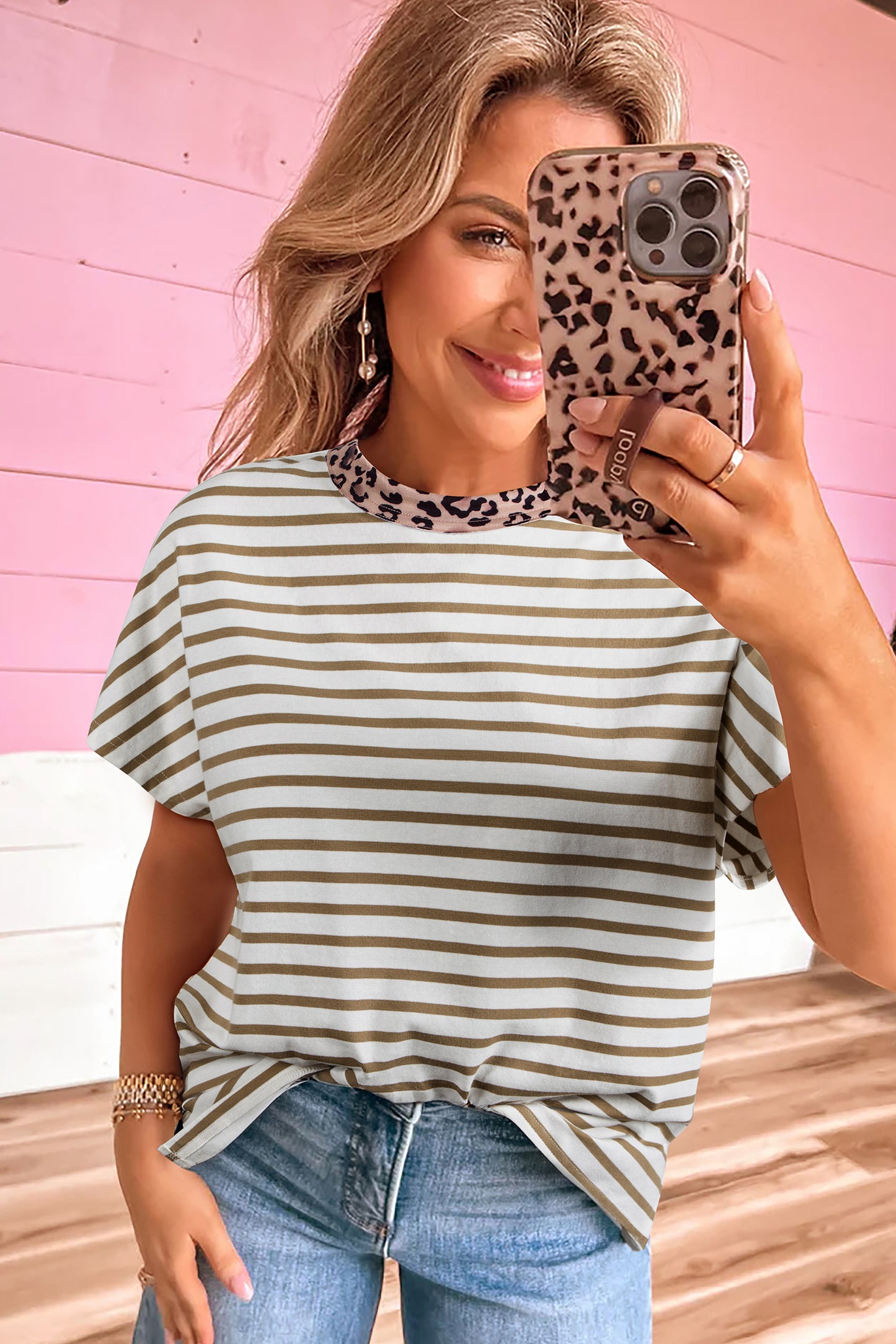 Striped Leopard Trim Tee Casual Loose Fit T Shirt