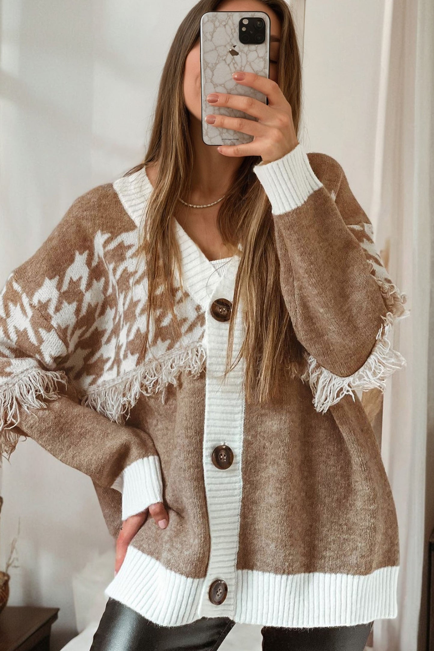 Khaki Houndstooth Fringe Trim V Neck Button Front Knit Cardigan