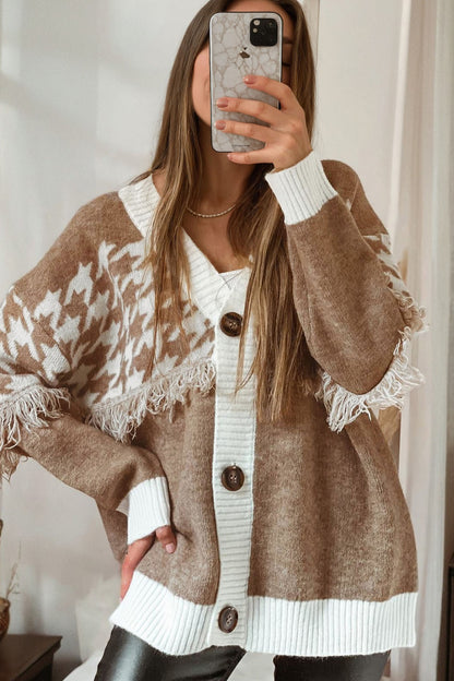 Khaki Houndstooth Fringe Trim V Neck Button Front Knit Cardigan