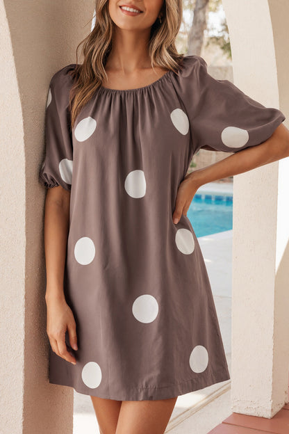 Brown Polka Dot Puff Sleeve Loose Fit Mini Dress