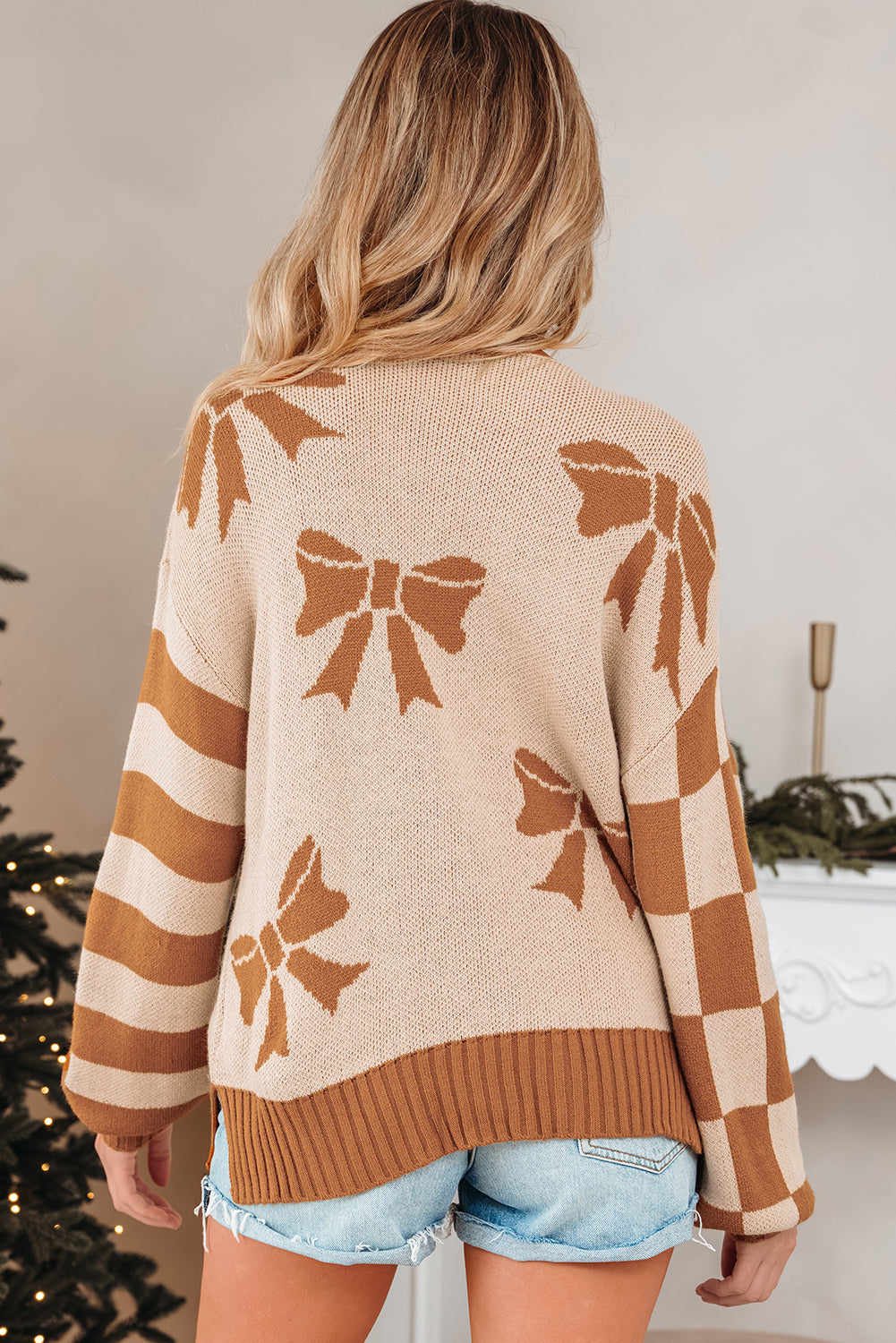 Bow Print Checkered Stripe Sleeve Drop Shoulder Sweater