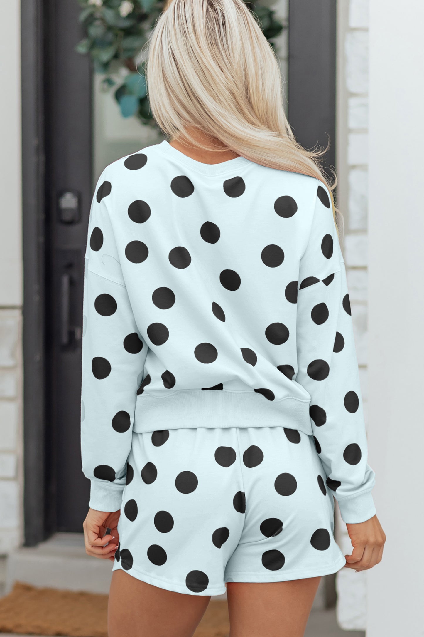 Pink Polka Dot Drop Shoulder Pullover Shorts Set