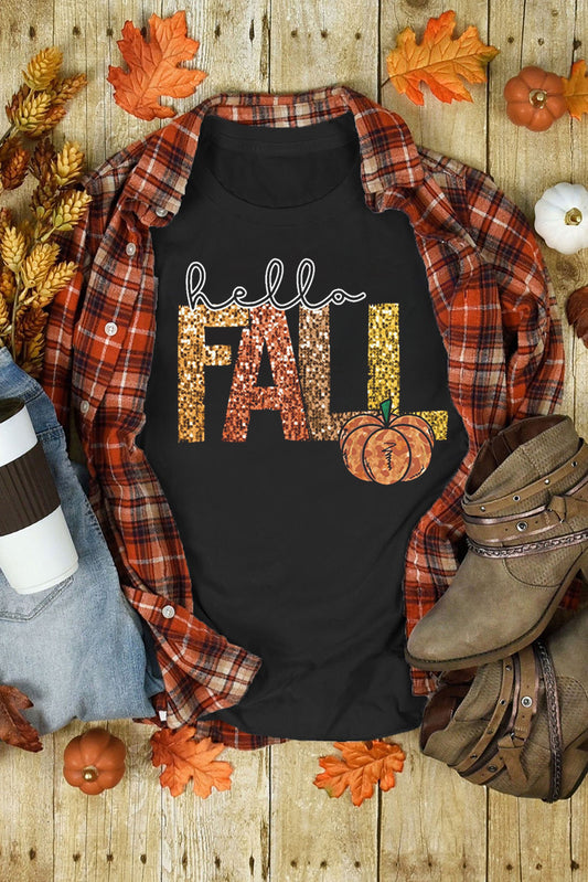 Black Hello Fall Pumpkin Graphic Thanksgiving T Shirt