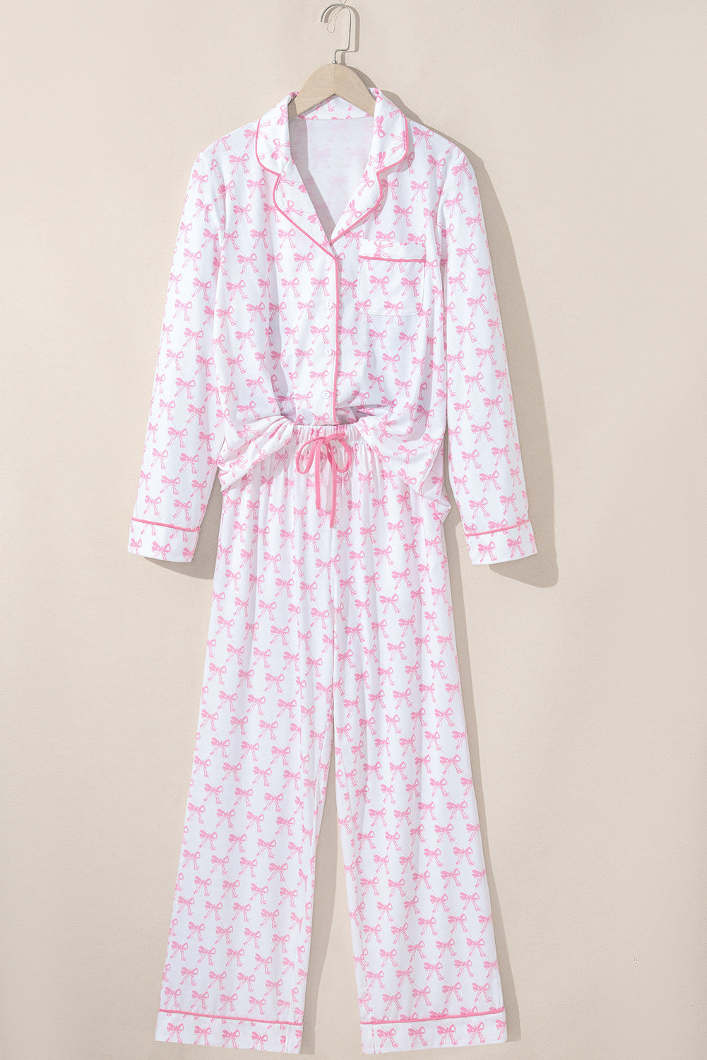 Soft Bow Print Long Sleeve Pajama Set with Pants