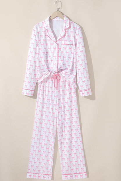 Soft Bow Print Long Sleeve Pajama Set with Pants