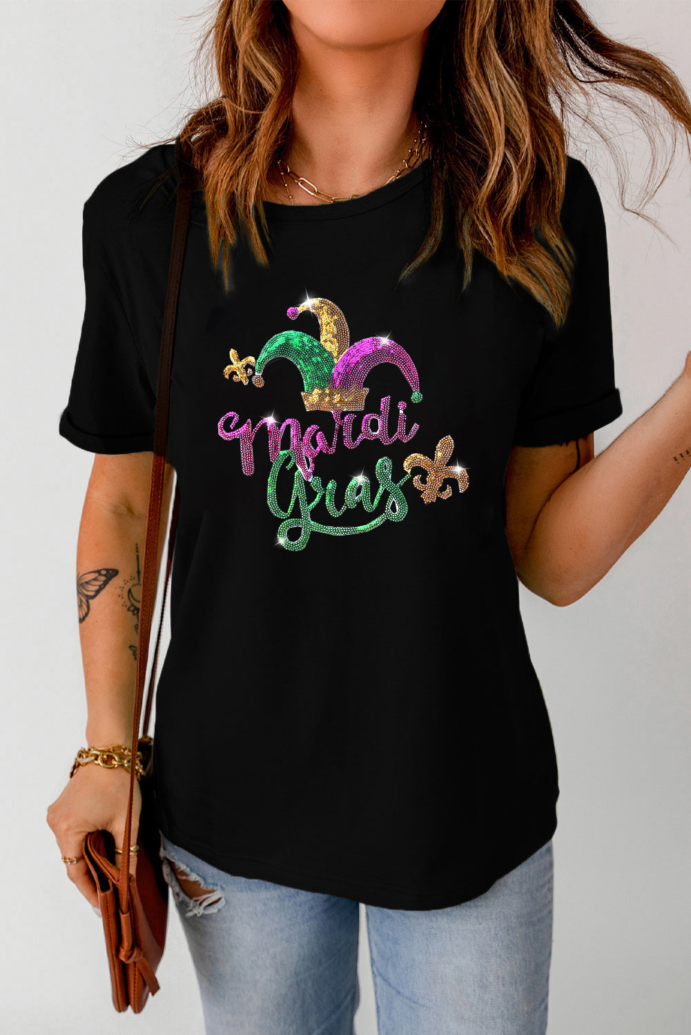 Black Glitter Mardi Gras Jester Hat Graphic Tee