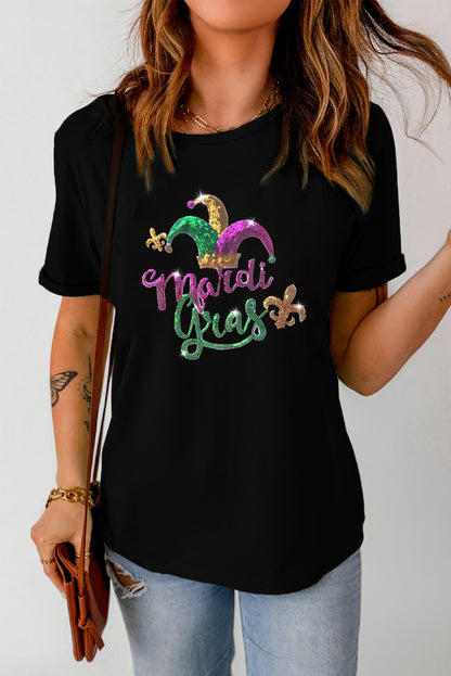 Black Glitter Mardi Gras Jester Hat Graphic Tee