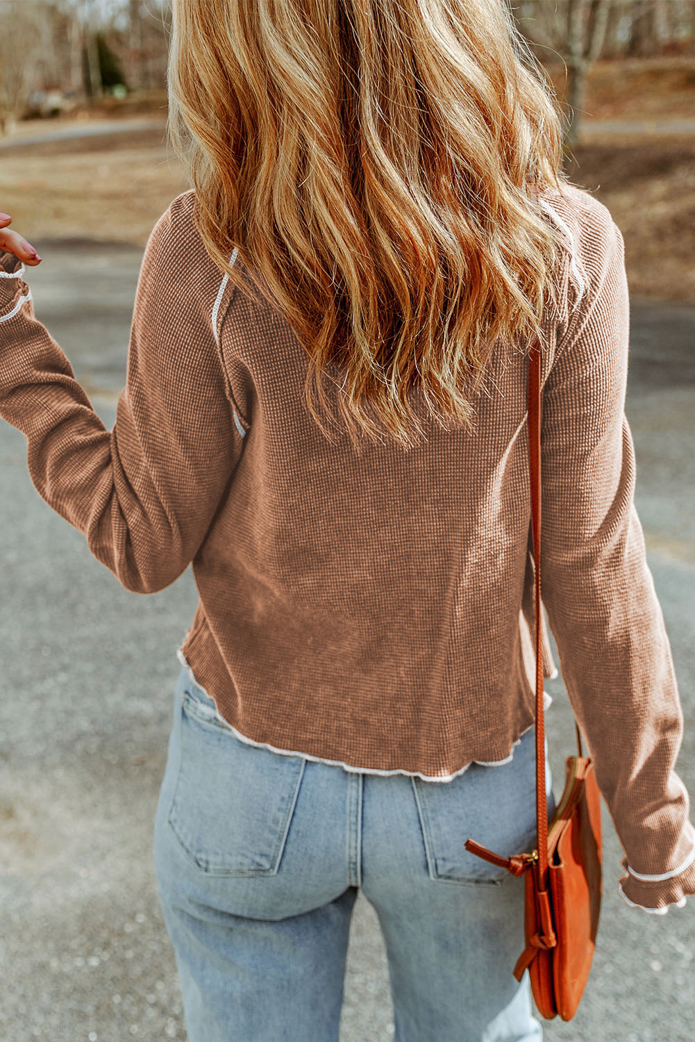 Womens Waffle Knit Long Sleeve Top Casual Crew Neck Tee