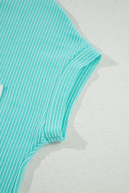 Pink Striped Textured Knit Pocket Casual Tee