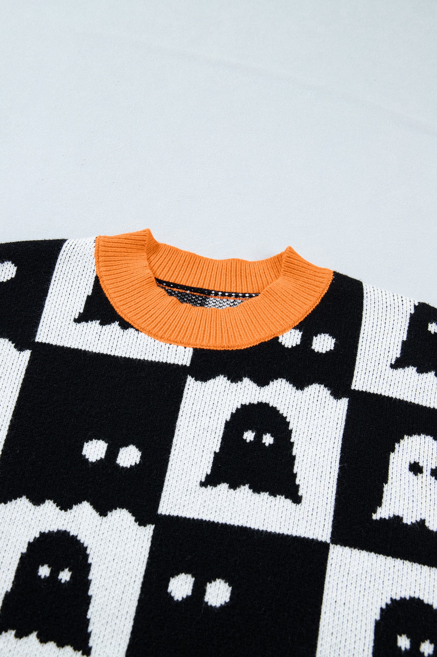 Halloween Ghost Print Checkerboard Knit Sweater