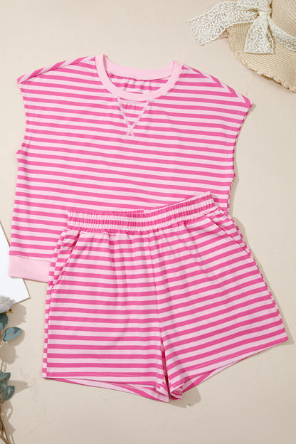 Pink Stripe Cap Sleeve Top and Elastic Waist Shorts Set