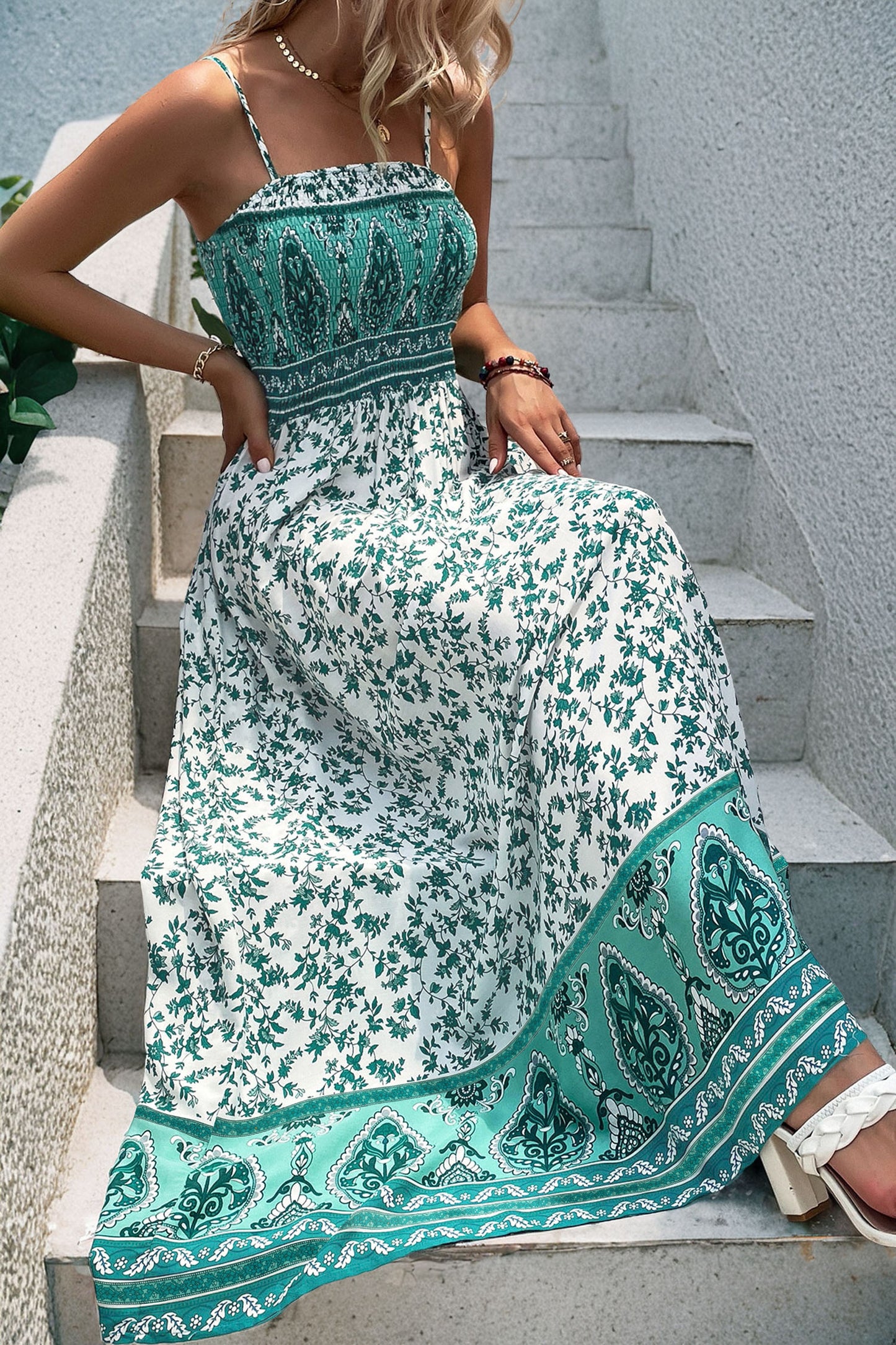 Boho Floral Maxi Dress Shirred Cami Strap Resort Style
