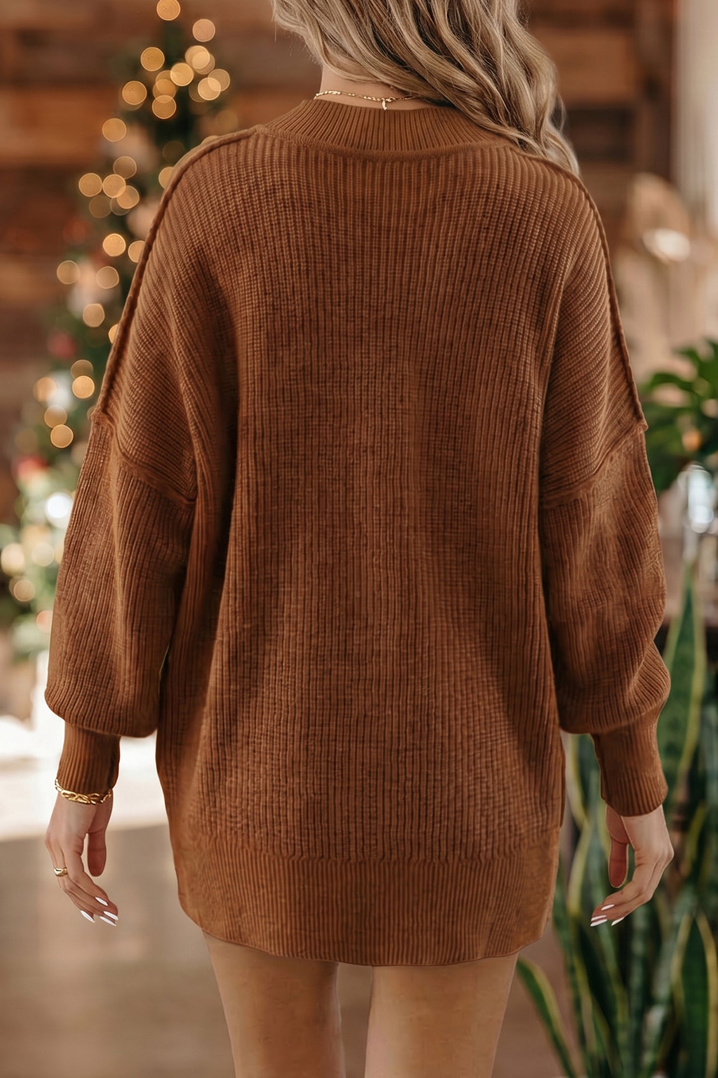 Orchid Purple Mock Neck Ribbed Knit Oversized Sweater Top