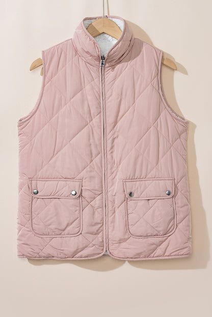 Pink Fleece Lined Quilted Zip Up Vest Jacket