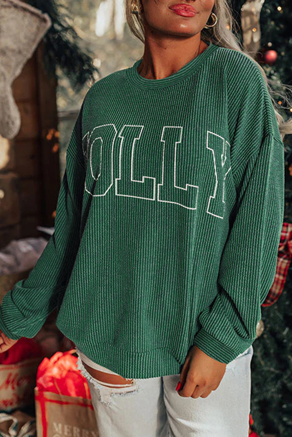Corduroy MERRY Letter Christmas Pullover Sweatshirt