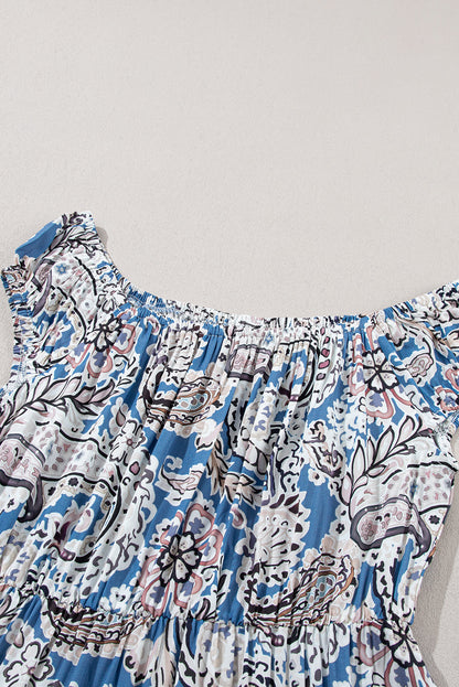 Blue Boho Paisley Off Shoulder Smocked Maxi Dress