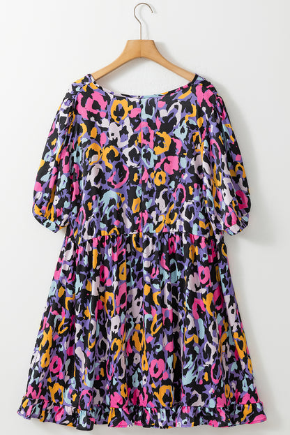 Purple Leopard Print Ruffled V Neck Plus Size Mini Dress