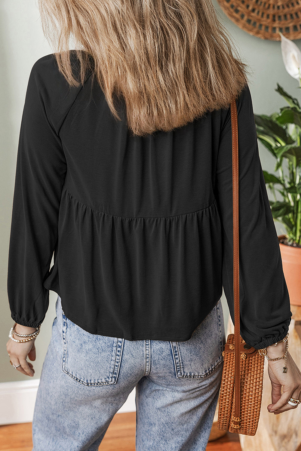 Cinnamon Smocked Bust Buttoned Split V Neck Flow Fit Blouse