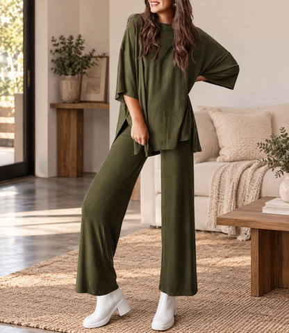 Women's 2 Piece Lounge Set Short Sleeve Top Wide Leg Pants
