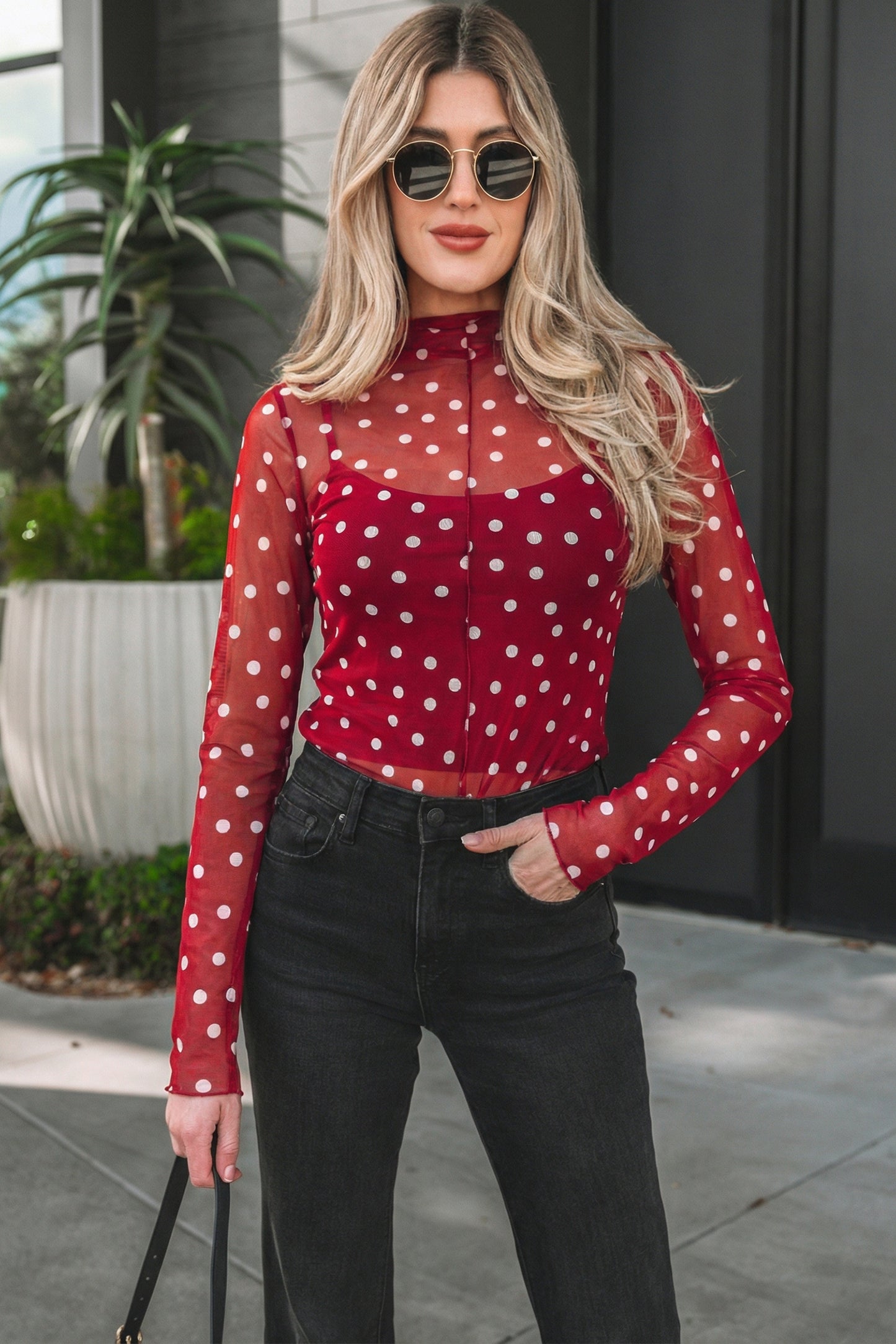 Black Polka Dot Mesh Mock Neck Long Sleeve Top