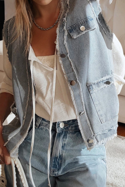 Light Wash Frayed Edge Flap Pocket Button Down Denim Vest