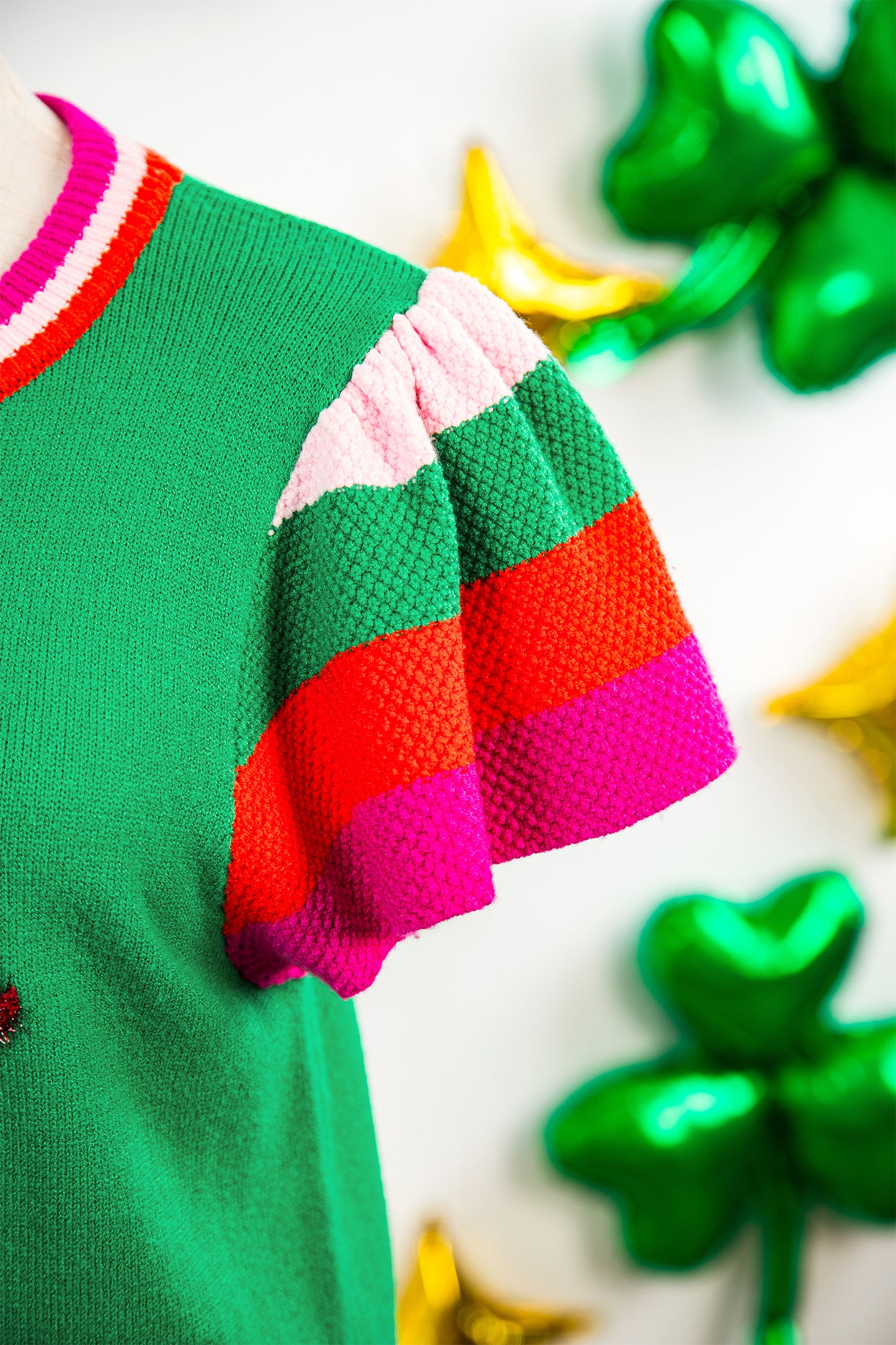 Green St Patrick Lucky Embroidered Striped Sleeve Knit Tee