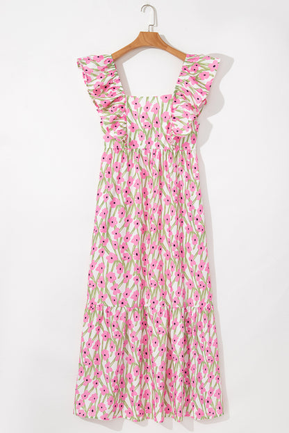 Pink Floral Square Neck Ruffle Sleeve Maxi Dress