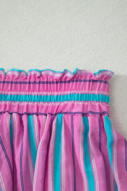 Pink Stripe Puff Sleeve Two Piece Shorts Set