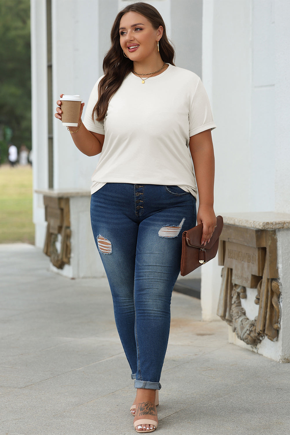 White Casual Crew Neck Short Sleeve Basic Tee