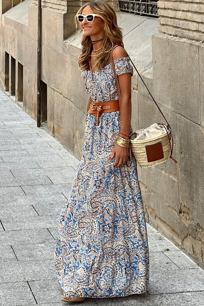 Blue Boho Paisley Off Shoulder Smocked Maxi Dress