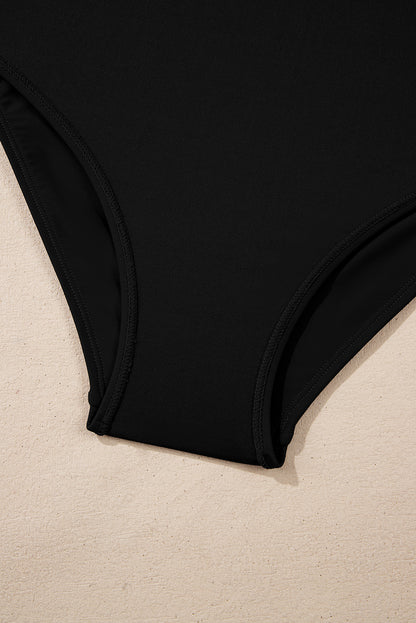 Black Ruffle Cross Front Cutout Slim Fit Tankini Set