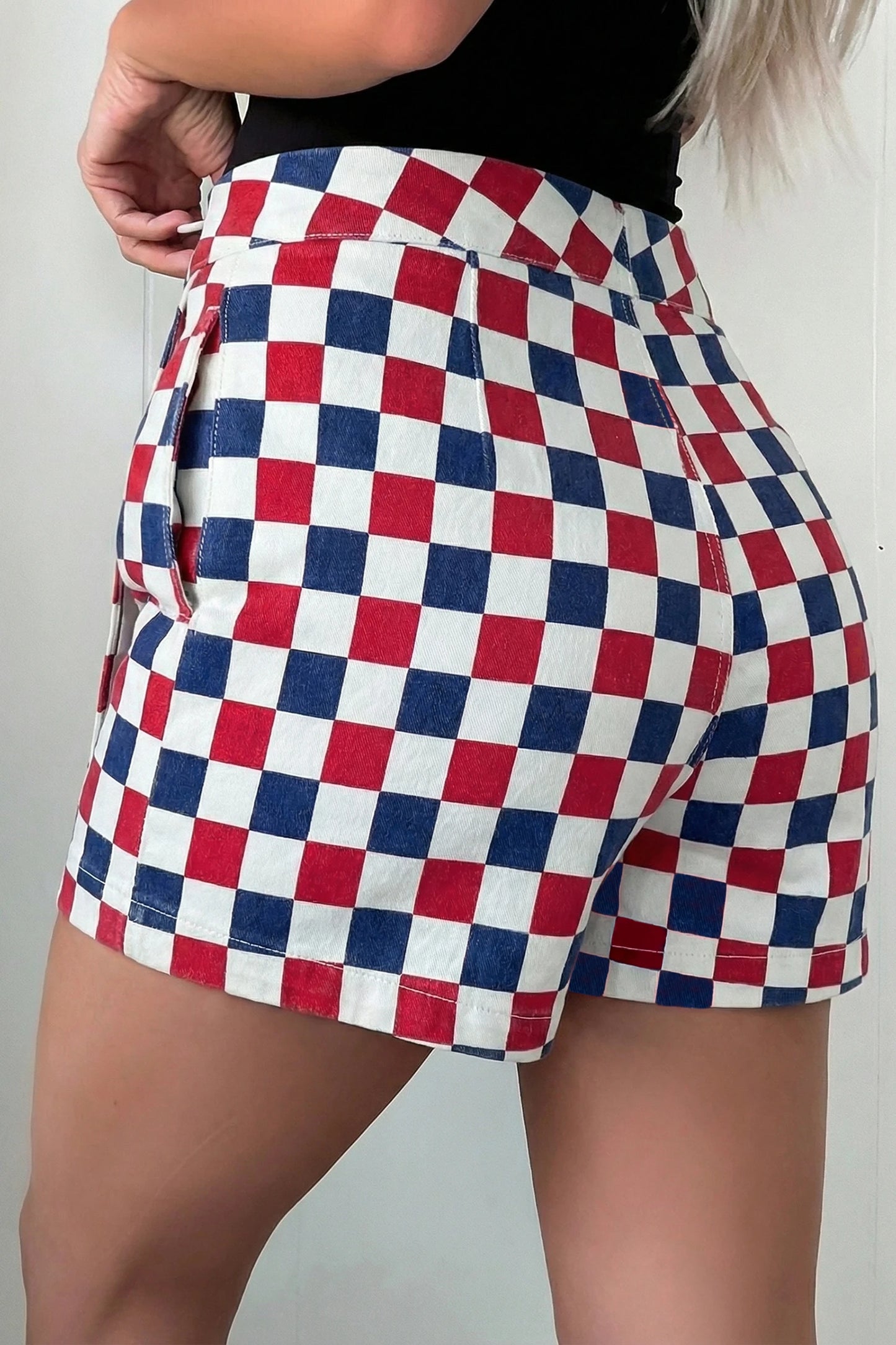 Checkered Print Overlap Denim Skort Mini Shorts